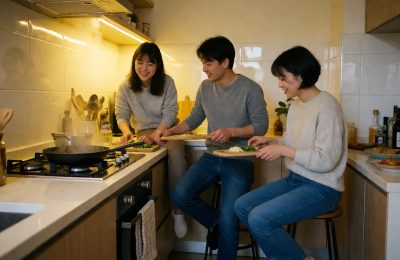 厨房里几个人一起备菜,灶台热气升腾,暖黄灯光映在瓷砖上,画面充满烟火气