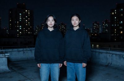 夜晚城市天台上两个人并肩站立,远处楼宇灯光点点,画面色调偏蓝,气氛安静克制