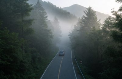 山间清晨雾气弥漫的森林公路,一辆车缓缓行驶,画面清冷通透,充满公路旅行氛围